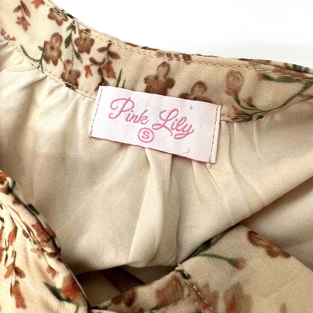 PINK LILY Size Small Brown Cream Floral Short Romper Jumpsuit Dress Boho Cottage - Picture 4 of 8